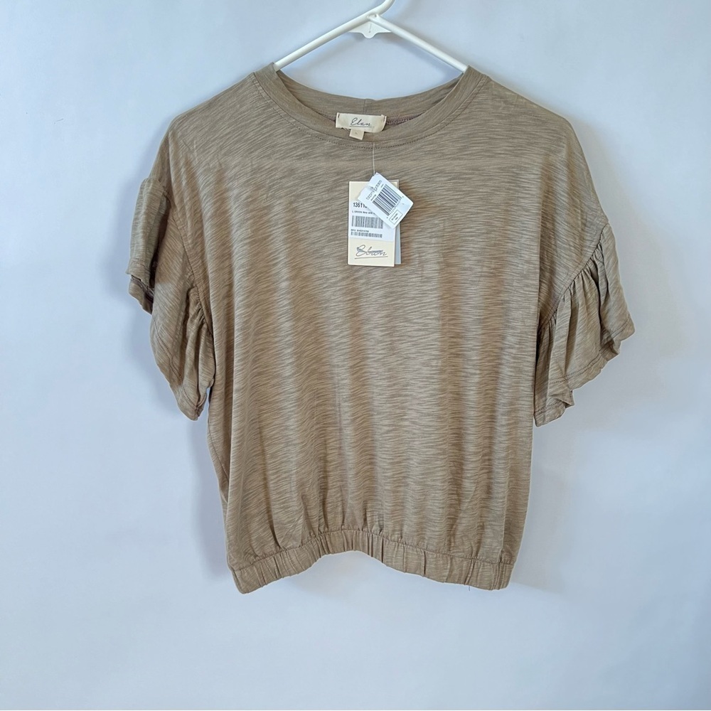 Elan Crewneck Blouson Cropped Elastic Waist Slub Flutter Sleeve Size “L”